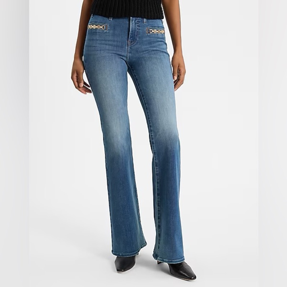 Express Mid Rise Medium Wash Horsebit FlexX '70s Flare Jeans